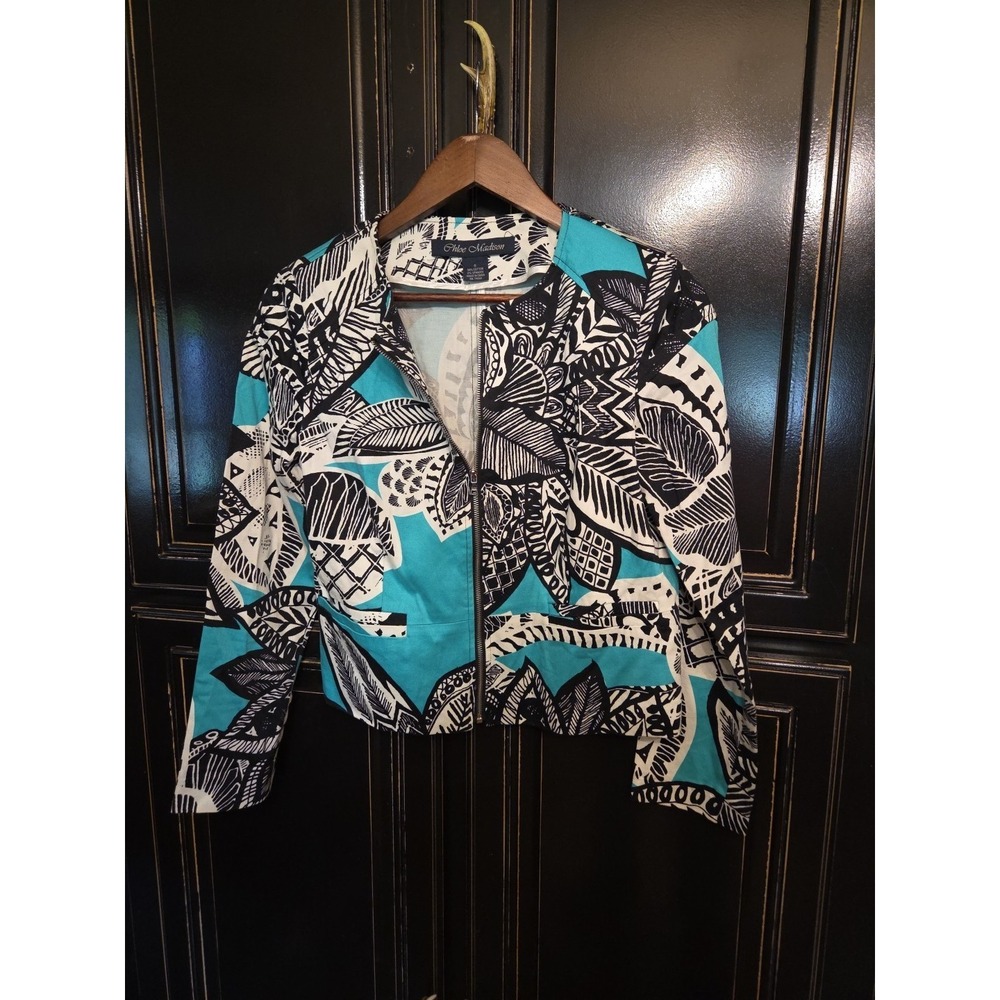 Chloe Madison Teal, Black Abstract Floral  Jacket Zip Up Size 6, Summer, Beach,